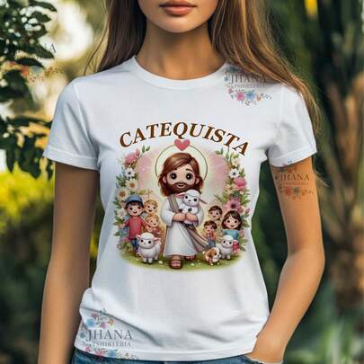 Blusa tshirt BRANCA feminina CATEQUISTA, Maria,Jesus,tshirt cristã,  plus sizeplus size,verão 2025 Figura  Letra Casual Casa