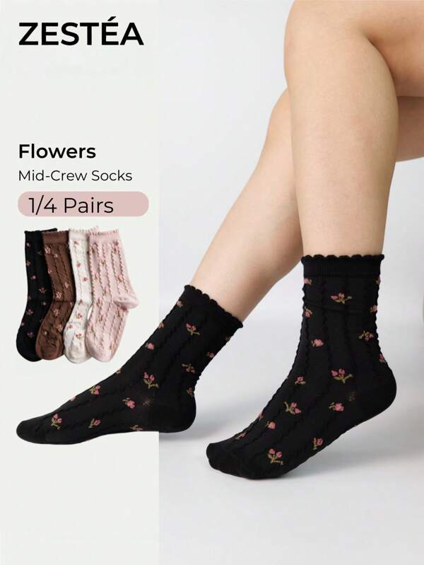1/4 Pair Floral Print Crew Socks, Mid-Crew Ankle Socks, Comfortable, Breathable, Moisture-Wicking, Unique & Versatile, Great Gift Idea, Suitable For Summer