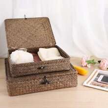 Hipiwe Set Of 2 Flat Woven Wicker Storage Bins With Lid Natural Seagrass Basket Multipurpose Home Boxes For Shelf Organizer (Coffee) - Coffee - 查看 2