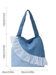 极简风格毛边字母设计牛仔帆布托特包，纯色大容量单肩包，适合女性日常使用，上班通勤书包，返校背包，经典休闲，轻便，便携，行李带设计，适合少女女大学生，非常适合返校、大学、初中、高中、开学第一天，女士西式钱包