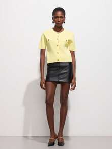 奶油黄色短袖简约时尚罗纹针织开衫 - 黃色 - 查看 4