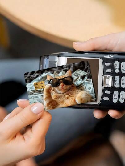 1 pieza Pegatina de decoración de tarjeta de crédito con diseño de gato afortunado, gafas de sol naranja con forma de dólar, tarjeta PVC, protección de la piel personalizada y ultrafina contra huellas dactilares, calidad superior, resistente a los arañazos y a la fricción, adecuado para mujer, hombre, pequeña tarjeta con chip, tarjetas bancarias, crédito, transporte, decoración DIY para tarjetas de campus estudiantil, lista de mascotas lindas, artículos que los entusiastas de las mascotas deben comprar, vuelta al colegio, útiles escolares