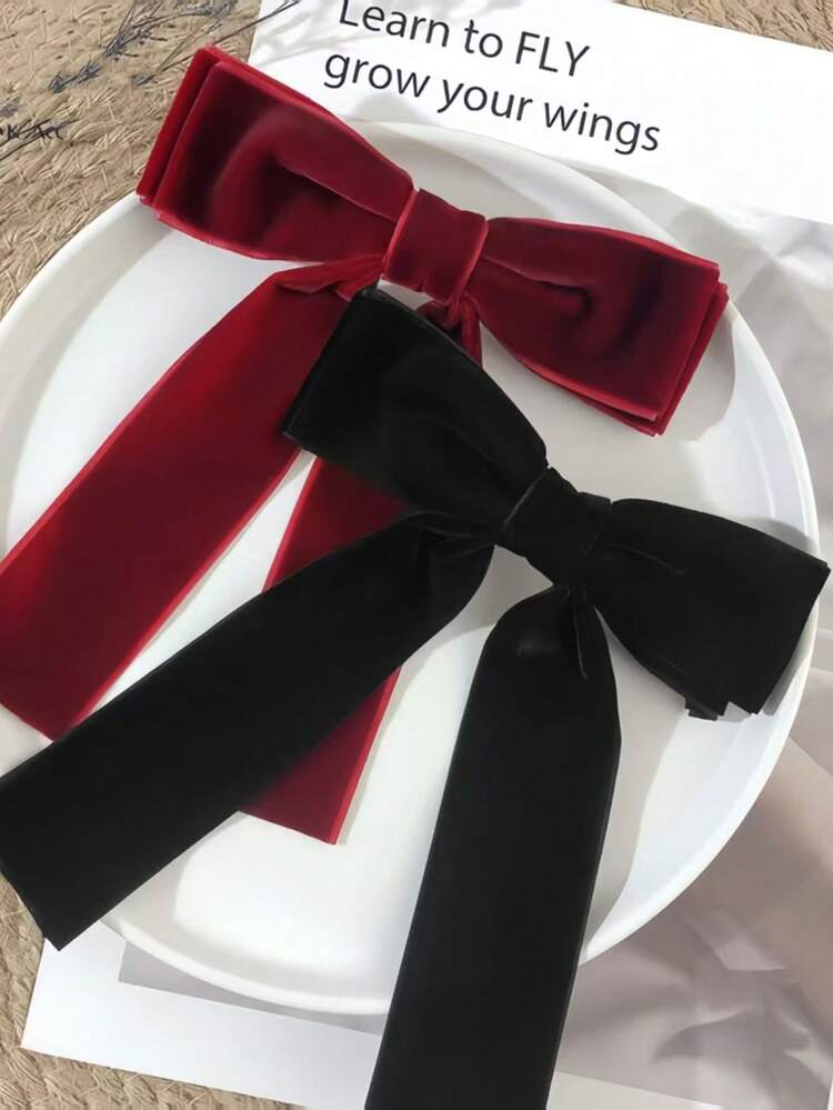 2个装女士秋冬丝绒蝴蝶结发夹，优雅甜美发饰，适合日常及节日佩戴，爪夹，发爪，发夹，发卡，蝴蝶结，可爱，头饰，发卡 - 2pcs黑色紅色 - 查看 1