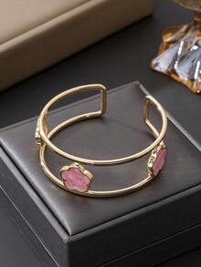 1pc Elegant Pink Lucky Clover Double Line Women's Open Bangle (Excluding Gift Box) - Pink - View 2