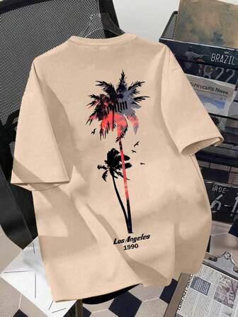 Teen Boy Loose Plus Size Casual Simple Street Vacation Coconut Tree Graphic Printing Crew Neck Short Sleeve Pullover T-Shirt Spring And Summer New Styles,Loose Oversized Size