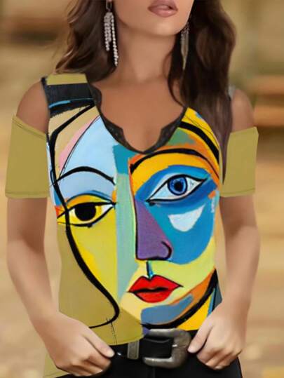 2025 Fashion Casual Solid Color Lace Collar Open Shoulder Short Sleeve Blouse Summer