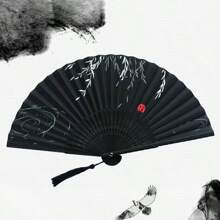 1pc Retro Style Black Fabric Double-Sided Folding Fan With Chinese Dragon Ink Painting Design Summer Cooling,Beach,Travel