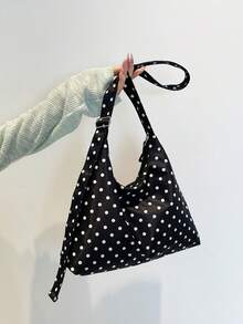Dot Simple Canvas Bag, Spring And Summer Season New, Open Mouth Opening, Double Shoulder Straps, Lightweight Minimalist Large-Capacity Cross-Body Bag, Suitable For Women's Daily Life Casual, Commuting And Student Use , Polka Dot - Black - View 2