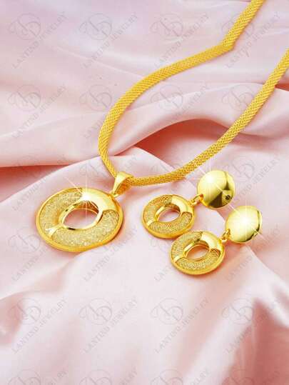 2pcs/Set New Fashion Women's 24K Gold Plated Hollow Circle Rhinestone Jewelry Set With 1 Necklace And 1 Pair Of Earrings, Suitable For Party, Wedding, Valentine's Day, Mother's Day And Other Holidays