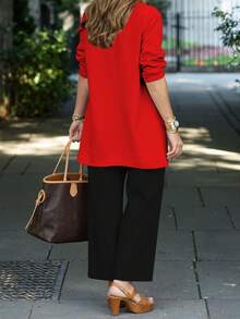 Conjunto de 3 piezas para mujer, que incluye chaqueta tipo cárdigan de unicolor, blusa sin mangas de cuello redondo y pantalones rectos con bolsillo con drapeado de cintura elástica, conjunto casual para ir al trabajo en primavera, otoño e invierno