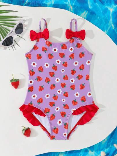 Strawberry Allover Print Purple Swimsuit For Young Girls, Summer Full Bodysuit For Kids With Energetic Strawberry Print