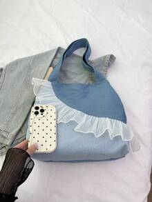 极简风格毛边字母设计牛仔帆布托特包，纯色大容量单肩包，适合女性日常使用，上班通勤书包，返校背包，经典休闲，轻便，便携，行李带设计，适合少女女大学生，非常适合返校、大学、初中、高中、开学第一天，女士西式钱包