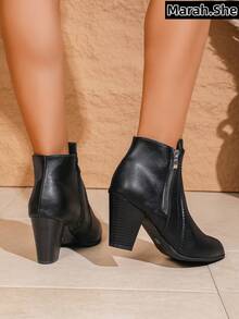 PWIIMG Women's Fashionable Black High Heel Ankle Boots, Double Zipper Design, Lace Trim Solid Color High Heels, Motorcycle Boots In Retro British Style, Chunky Heel Comfortable Material Ankle Boots, Autumn/Winter Cool High Heel Boots, Lace Trim, Cone Heel Boots, Black Boots,Boots For Women - Black - View 6