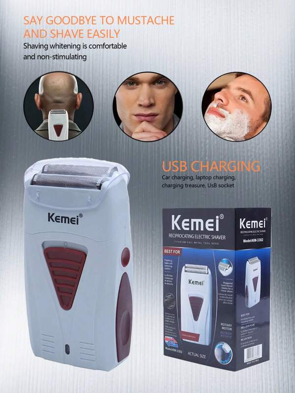 Kemei Kemei KM-3382 Men's USB Charging Professional Fashion Cordless Shaver, Double Blade Foil Reciprocating Shaver, Dry And Wet Beard Shaver, Facial Care Oily Hair Clipper, Kemei-3382 Men's Birthday Gift, Men's Foil Shaver