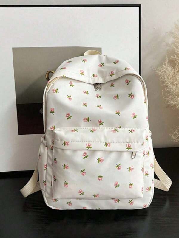 1 Peça Mochila Versátil de Grande Capacidade com Zíper Duplo e Estampa Floral em Náilon Branco, Mochila Estudantil