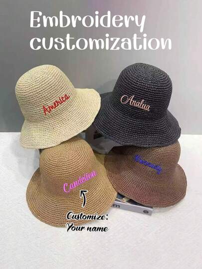 1pc Personalized Embroidered Sun Hat For Women, Fashion Versatile Beach Hat With Name Embroidery, Wide Brim Vacation Beach Straw Hat, Casual All-Match Sunscreen Hat, Gift For Family, Friends, Mother, Lover, Suitable For Daily, Travel, Can Be A Mother's Day, Personalized Birthday Gift