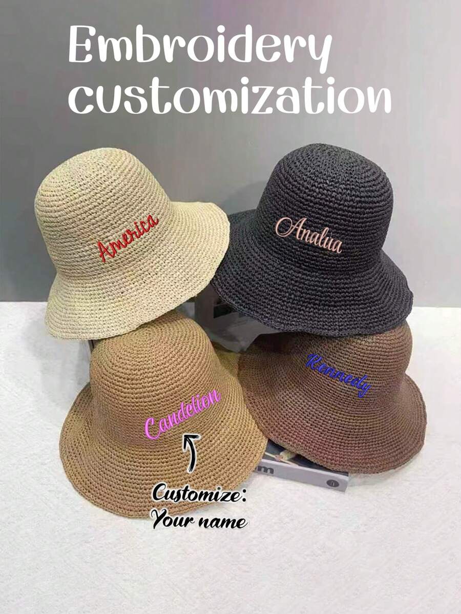 1pc Personalized Embroidered Sun Hat For Women, Fashion Versatile Beach Hat With Name Embroidery, Wide Brim Vacation Beach Straw Hat, Casual All-Match Sunscreen Hat, Gift For Family, Friends, Mother, Lover, Suitable For Daily, Travel, Can Be A Mother's Day, Personalized Birthday Gift