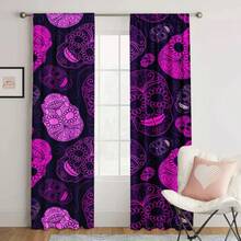 2 件万圣节主题印花窗帘，带有紫色波西米亚骷髅图案，配有杆袋以确保隐私，适合装饰客厅和卧室，以及有趣的节日派对礼物，为家居装饰营造节日气氛。