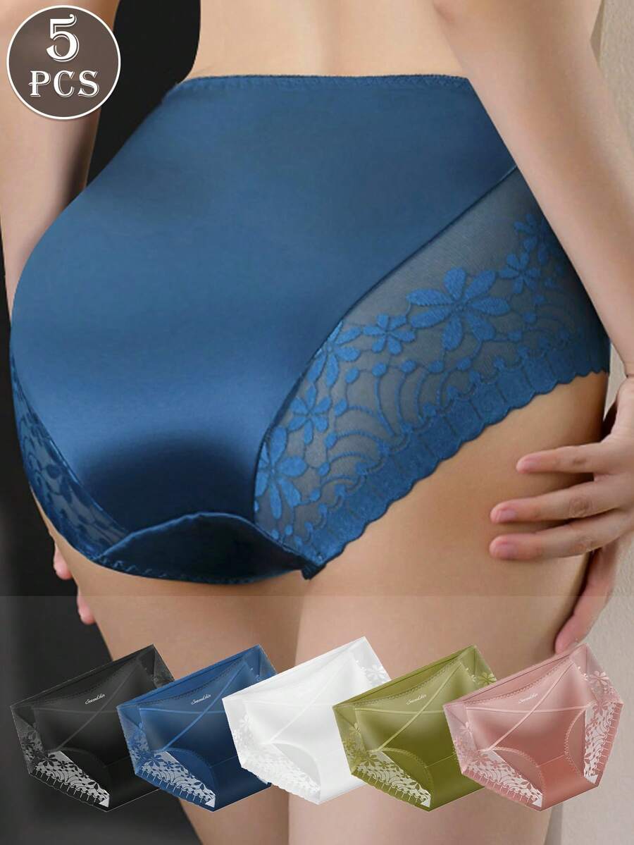 5 Pcs Ladies Sexy Semi-Transparent Lace Panties In Solid Satin Color - Multicolor - View 1