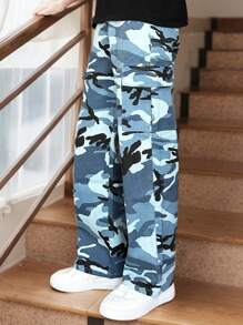 Tween Girls Camo Print Flap Pocket Cargo Pants, Vintage Loose Drawstring Straight Leg Jeans
