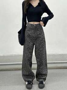New Arrival Women Leopard Print Jeans, Retro Design Niche Loose Straight Leg Casual Wide-Leg Pants
