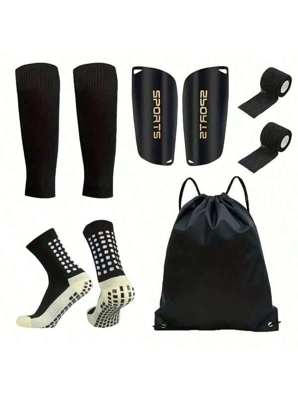 5 pièces/set Kit d'équipement de football, comprenant des chaussettes de préhension en silicone pour le soccer, des protège-tibias, des équipements de protection, un sac à cordon et du ruban adhésif sportif - chaussettes en tube tricotées en polyester et spandex, couleur unie, lavage à la main et en machine.