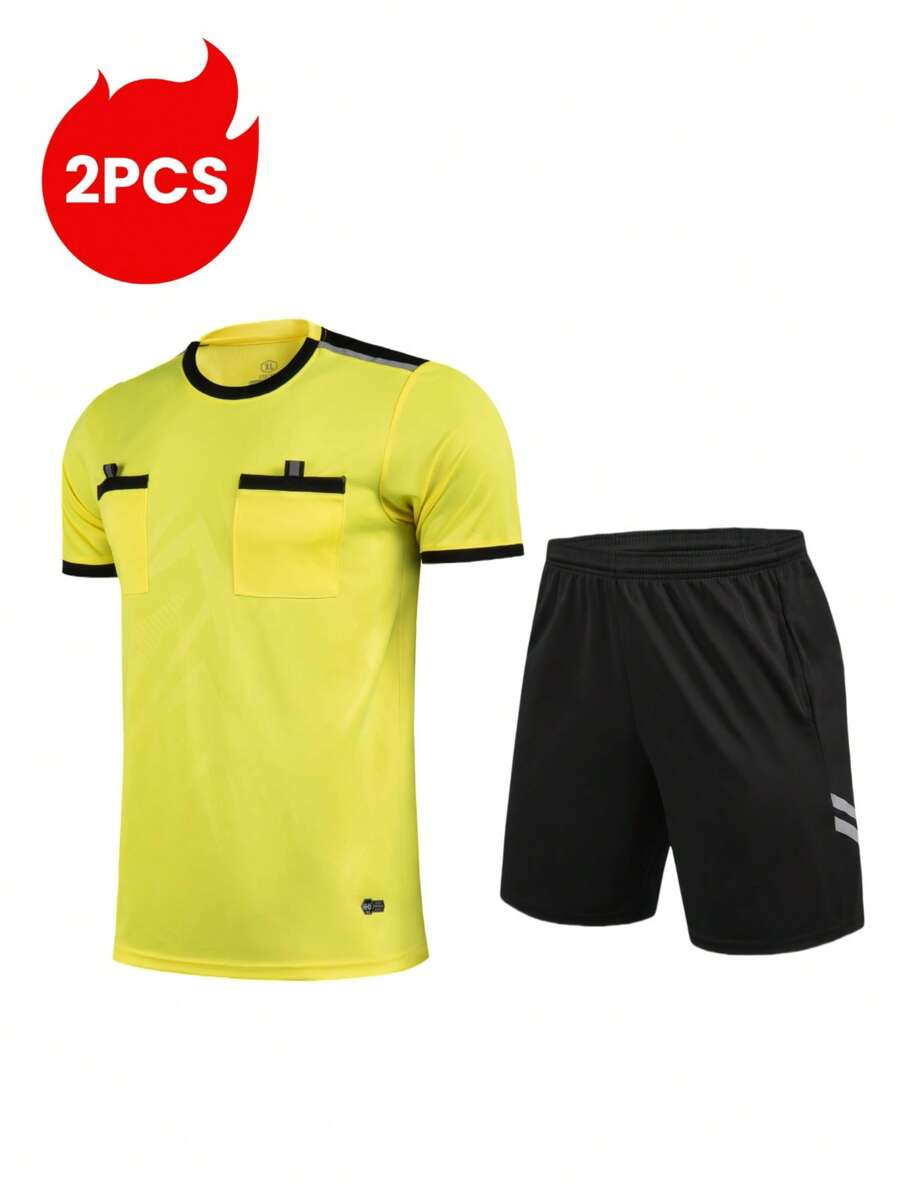 2pcs Sports Referee Uniform, Football, Badminton, Table Tennis Training Breathable Short Sleeve T-Shirt + Quick Dry Sports Shorts With Pockets, Suitable For Training, Matches And Activities, Elastic Waist Pants
