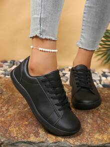 Women's Wide Toe Box Athletic Shoes, Minimalist Style, Synthetic Leather Patchwork Decor, Front Lace-Up Barefoot Shoes, Suitable For Outdoor Sports - Black - View 4