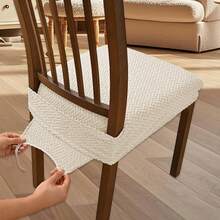Chair Covers With Elastic Straps Solid Jacquard Stretch Dining Chair Slipcovers Decorative Seat Protector For Kitchen Home - 白色 - 查看 6