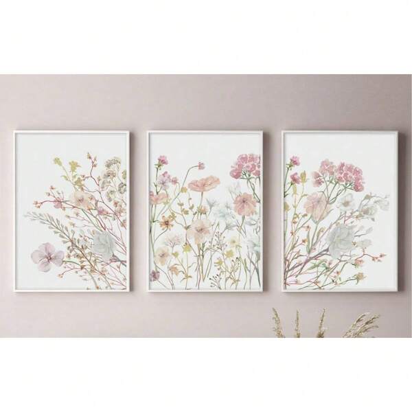 3 piezas Impresión en lienzo de flores silvestres vintage, Pintura en lienzo floral rosa, Póster de arte botánico nórdico, Imagen de pared de plantas minimalista para dormitorio de niñas, sala de estar, oficina, decoración de apartamento. Sin marco, mejor regalo. Puedes preparar un marco talla grande grande para que coincida con tu pintura de pared; ensámblalo e instálalo tú mismo, disfruta plenamente de la diversión de hacer bricolaje.