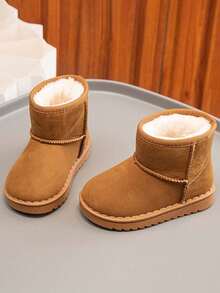 1 Pair Girls' Winter Faux Suede Patchwork Thick Sole Slip-On Warm Snow Boots, Cute Children Boots