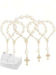 30pcs/Set Rose Beaded Bracelet, Acrylic 3D Rose Bead Rosary Chain Bracelet, Comes With Organza Bag, Suitable For Baptism, First Communion, Party Favors, Weddings And Other Celebrations