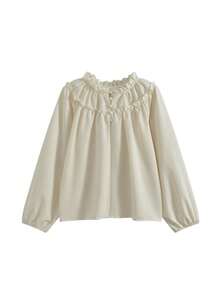 优雅方领锁孔装饰单排扣灯笼袖衬衫上衣，百搭