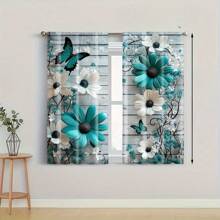 2pcs Daisy Farmhouse Blackout Curtains - Polyester Floral & Butterfly Pattern, Blue Green And White Country Style Bedroom And Home Decor Background, Washable, Living Room Drapes