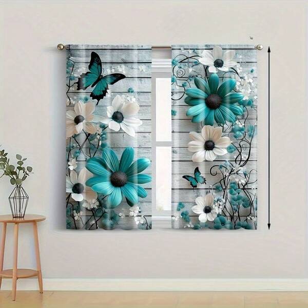 2pcs Daisy Farmhouse Blackout Curtains - Polyester Floral & Butterfly Pattern, Blue Green And White Country Style Bedroom And Home Decor Background, Washable, Living Room Drapes