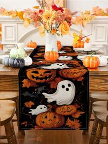 1 pieza/10 piezas Camino de mesa con estampado de calabazas y fantasmas, Banderas de mesa de Halloween, Decoración estacional de cosecha de otoño, Estilo granja, Tela con aspecto de lino, 33*91cm/33*183cm/33*274cm, Decoración de fiesta interior/exterior, Decoración con tema de calabaza, Decoración de habitación. Adecuado para la decoración de la cocina del hogar y la decoración de eventos.