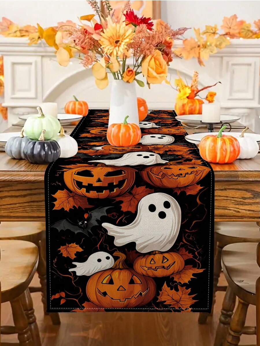 1 pieza/10 piezas Camino de mesa con estampado de calabazas y fantasmas, Banderas de mesa de Halloween, Decoración estacional de cosecha de otoño, Estilo granja, Tela con aspecto de lino, 33*91cm/33*183cm/33*274cm, Decoración de fiesta interior/exterior, Decoración con tema de calabaza, Decoración de habitación. Adecuado para la decoración de la cocina del hogar y la decoración de eventos.