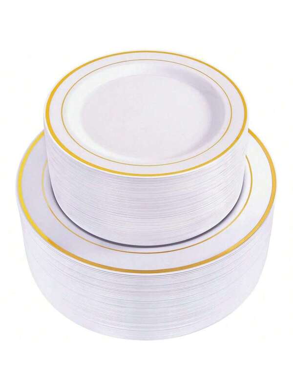 25/1pc 7.5/10.25INCH Cutlery Set, Black And Gold Rim Plate, Reusable And Washable, Suitable For Parties, Gatherings, Cake Trays, Kindergarten, Factory Dinner Parties, Weddings, Thanksgiving, Birthdays, Halloween, Christmas Parties, Catering, Restaurants, Home Travel, Plates