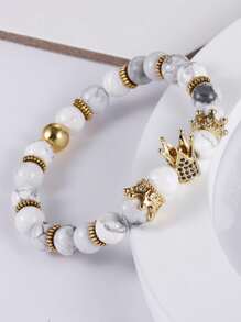 1 pulseira de contas de turquesa branca natural, pulseira elástica de coroa dourada