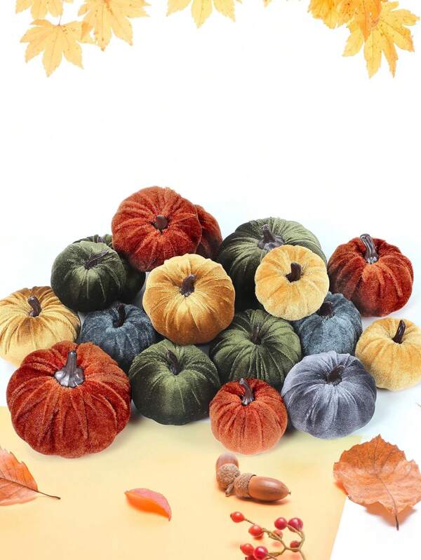 16 PIEZAS Calabaza pequeña de terciopelo, calabaza mini falsa, calabaza de otoño de tela y espuma artificial, calabaza decorativa pequeña, decoración de centro de mesa, adecuada para festival de cosecha, decoración de boda, decoración del hogar, decoración del patio, Halloween, decoración de fiesta, plantas falsas