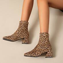 1 Pair Plus Size 36-43 Leopard Print Faux Fur Patchwork Chunky Heel Ankle Boots, Fashionable Party Wear, Outdoor Suitable For Autumn/Winter