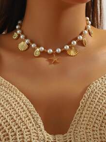 1 pieza Collar colgante con estilo oceánico, Collar gargantilla de perlas falsas de moda adecuado para uso diario, playa, viajes, fotografía