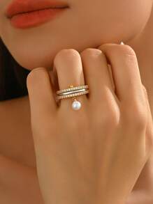 1pc Fashionable Faux Pearl Pendant Adjustable Stacking Rings For Women, Engagement, Wedding, Party, Eid Festival Gift