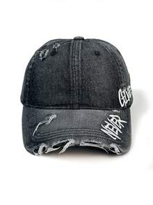 1pc "Never Give Up" Embroidered Denim Baseball Cap, Distressed Washed Vintage Faded Look, Oversized Brim Tie-Dye Street Style Unisex Hat For Couples/Students - G - View 11