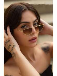 2025 New Fashion Metal Triangle Frame Small Cat Eye  Personality  Female Street Photography Internet Celebrity Glasses  Anti-UV - 咖啡 - 查看 2
