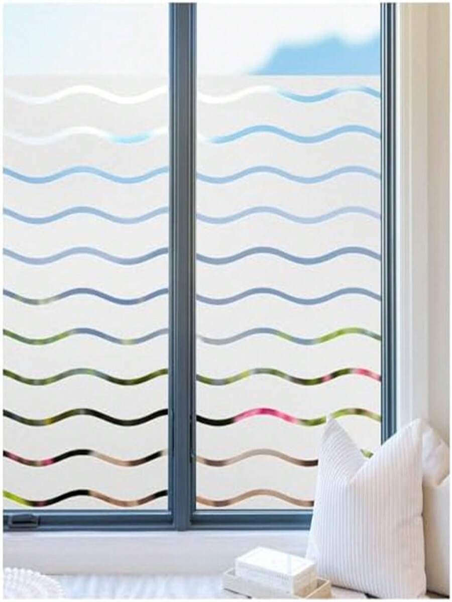 Window Privacy Film, Frosted Glass Window Film, Decorative Striped Glass Cling, Removable Static Cling Front Door Cover, UV Blocking Privacy Sticker, Wave Pattern - White - View 1