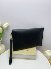 Black Envelope Clutch, Solid Color Document Bag, Simple Fashion Versatile Clutch Handbag, PU Material Women's Clutch, Card Holder, Passport Holder, Business Commuter Bag - Black - View 2