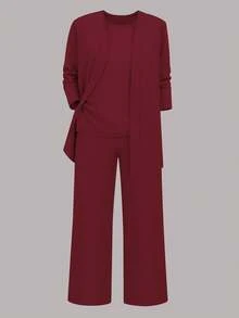 3pcs Plus Size Women Casual Solid Color Outfit Set: Jacket/Cardigan + Round Neck Sleeveless Top + Elastic Waist Straight Leg Pants, Soft Stretchy Fabric, Loose Fit, Comfortable For Commuting, Spring/Autumn/Winter Elegant - Burgundy - View 5