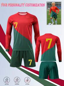 [Custom Product] Personalized Name 2 Pieces Sets, 10# Print, Boys & Youth, Barcelona Home Soccer Jersey - Round Neck Long Sleeve Top And Shorts, Quick Dry Breathable Polyester Fabric, Suitable For Sport, Training And Casual Wear, Outdoor Perfect Choice,Multi-Functional,Ornamental,Letter,Stylish,Modern,Colorful,Cute,Adorable,Casual,Custom,Personalised,Unique,Customized,Ideal Gifts For Him,Ideal Gifts For Her