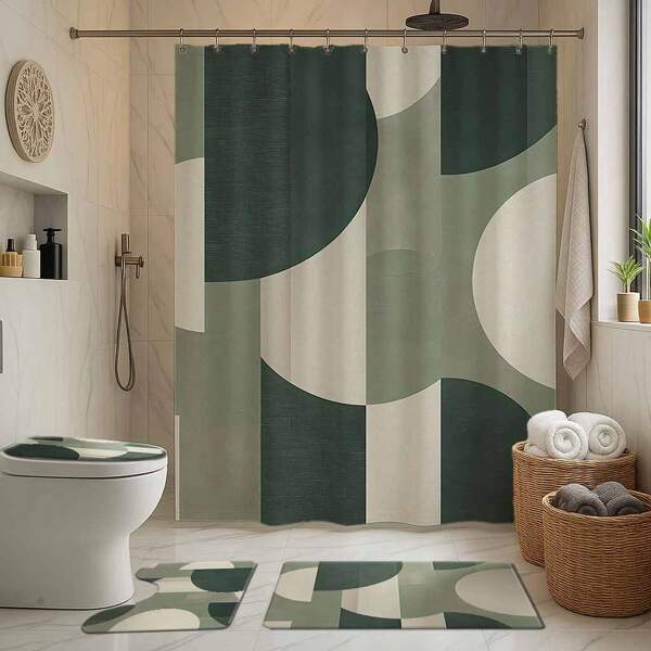 1/4pcs Green Abstract Geometric Pattern Bathroom Shower Curtain Set, Including Bath Mat, U-Shape Toilet Lid Cover, Waterproof Shower Curtain, Fashionable Decorative Curtain For Bathroom, Modern Style, Machine Washable